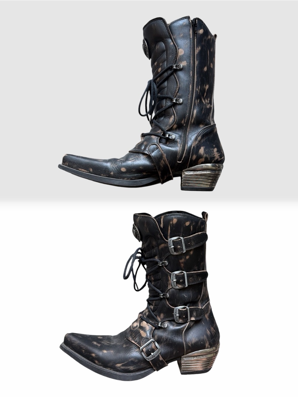 Distressed Black Western Lace-Up Cowboy Boots w/ Buckle Accents Sz US 12. EU 46 - Picture 3 of 10